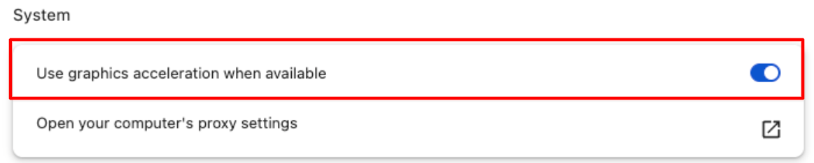 Chrome Settings > System showing the "Use graphics acceleration when available" toggle.