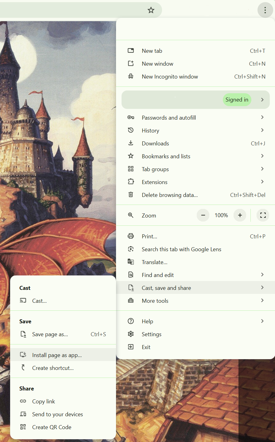 Chrome menu showing the Install page as app option.