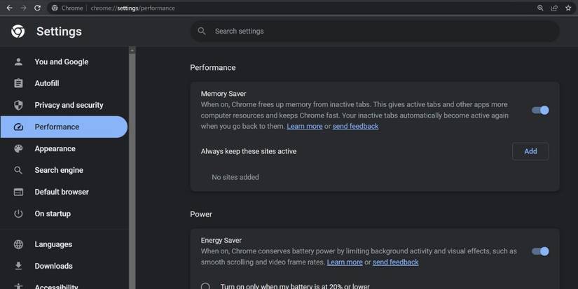 Chrome Settings > Performance showing Memory Saver, Energy Saver, and the "Always keep active" site list.